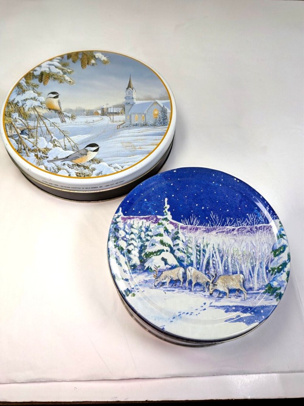 Vintage Winter Nature (2) Metal Tins Sam Timm Chickadees, Forest Reindeer Scene